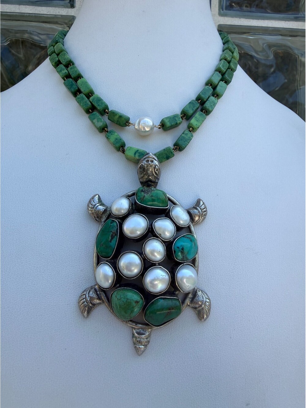 Green Turquoise  Pearl Turtle Pendant | Pearl & Nephrite Jade Necklace.